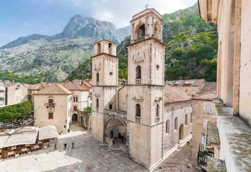 Saint Tryphon Cathedral with twin towers in Kotor Old Town