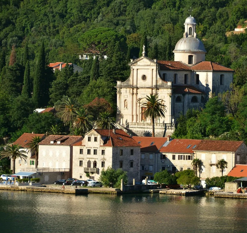 Our Lady’s Temple in Prčanj seen from the sea in Bay of Kotor